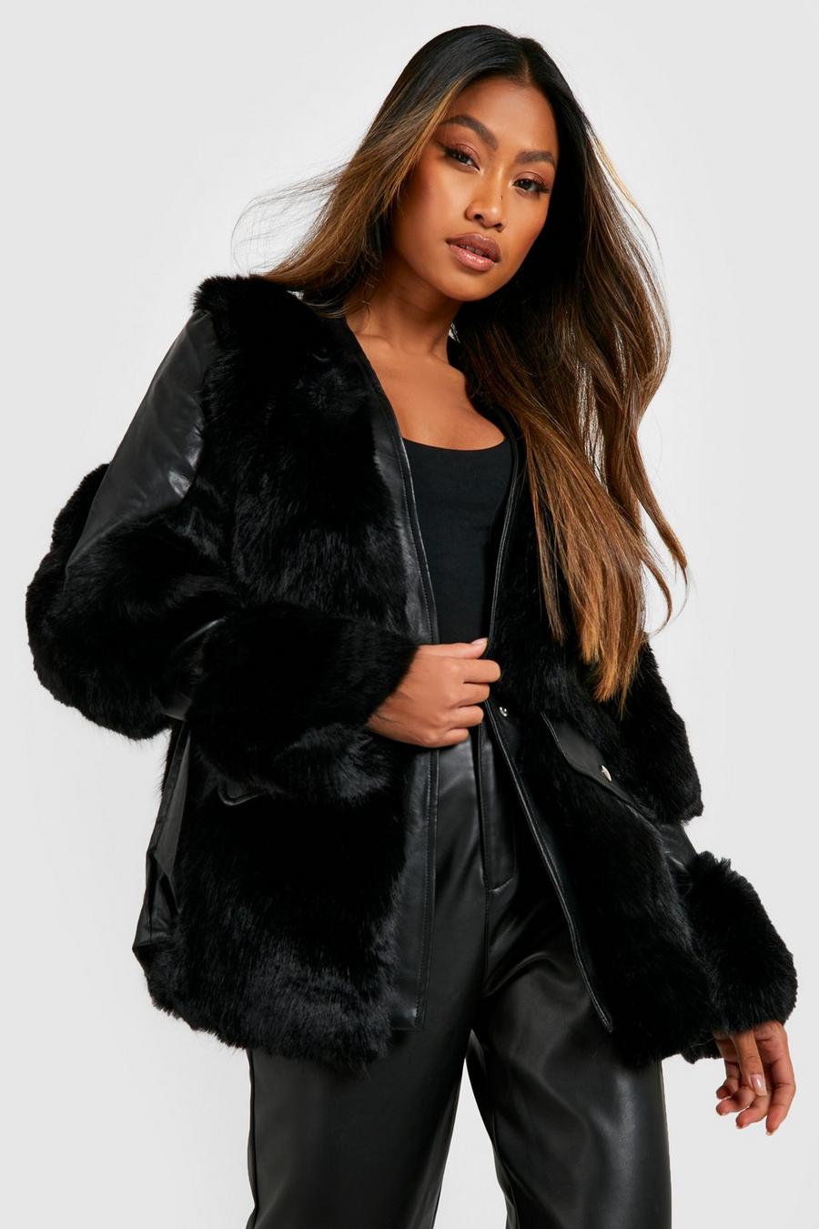 Black Luxe Faux Fur Paneled Jacket image number 1