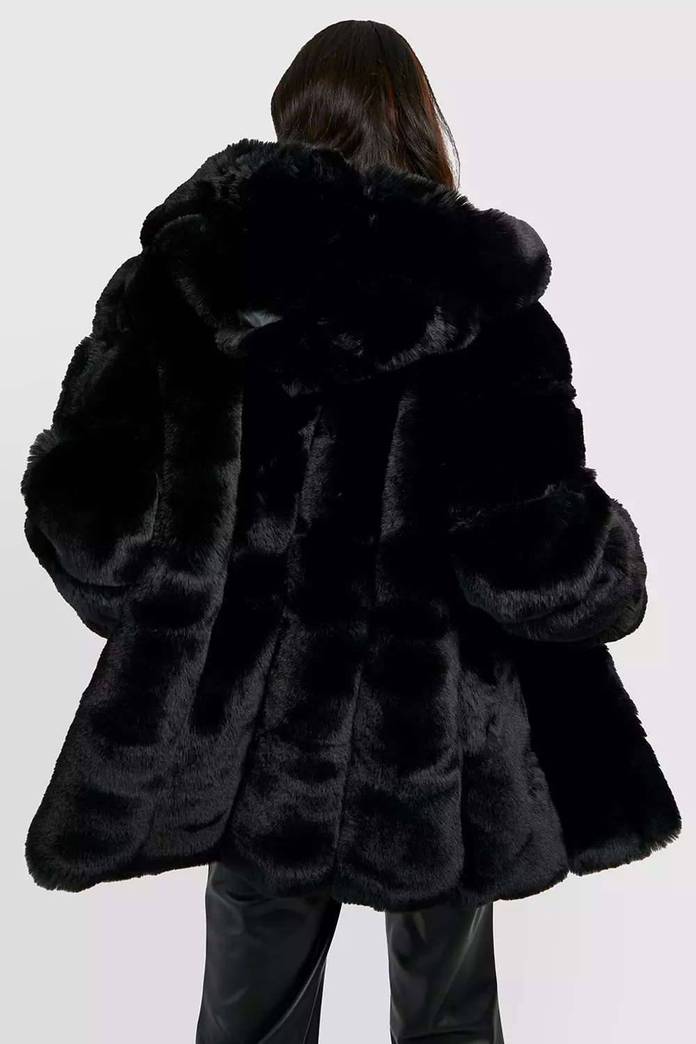 One Size Black Faux Fur Coat with Hood