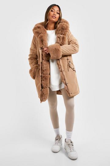 Camel Beige Luxe Faux Fur Trim Collar And Cuff Parka