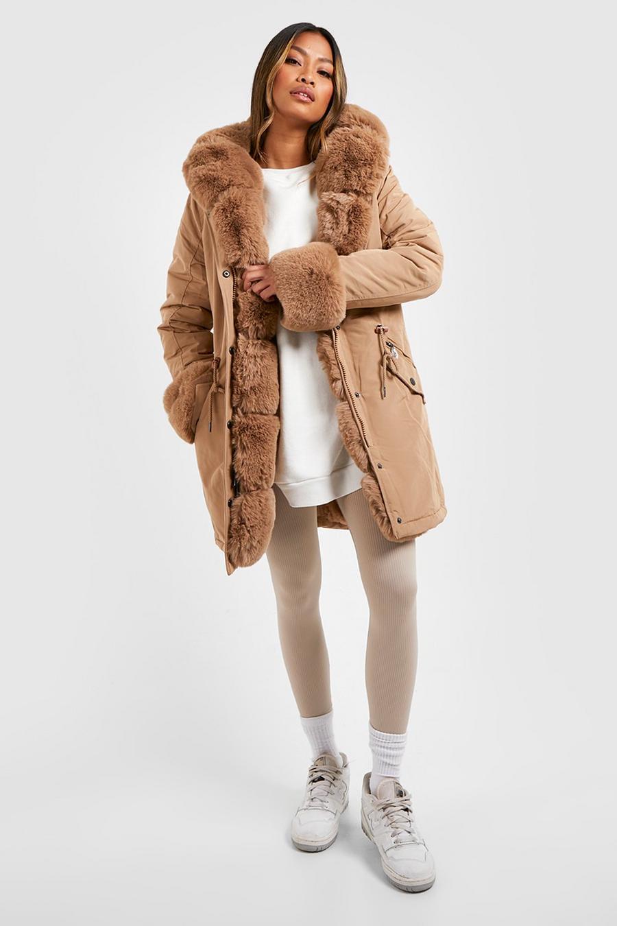 Camel beige Luxe Faux Fur Trim Collar And Cuff Parka