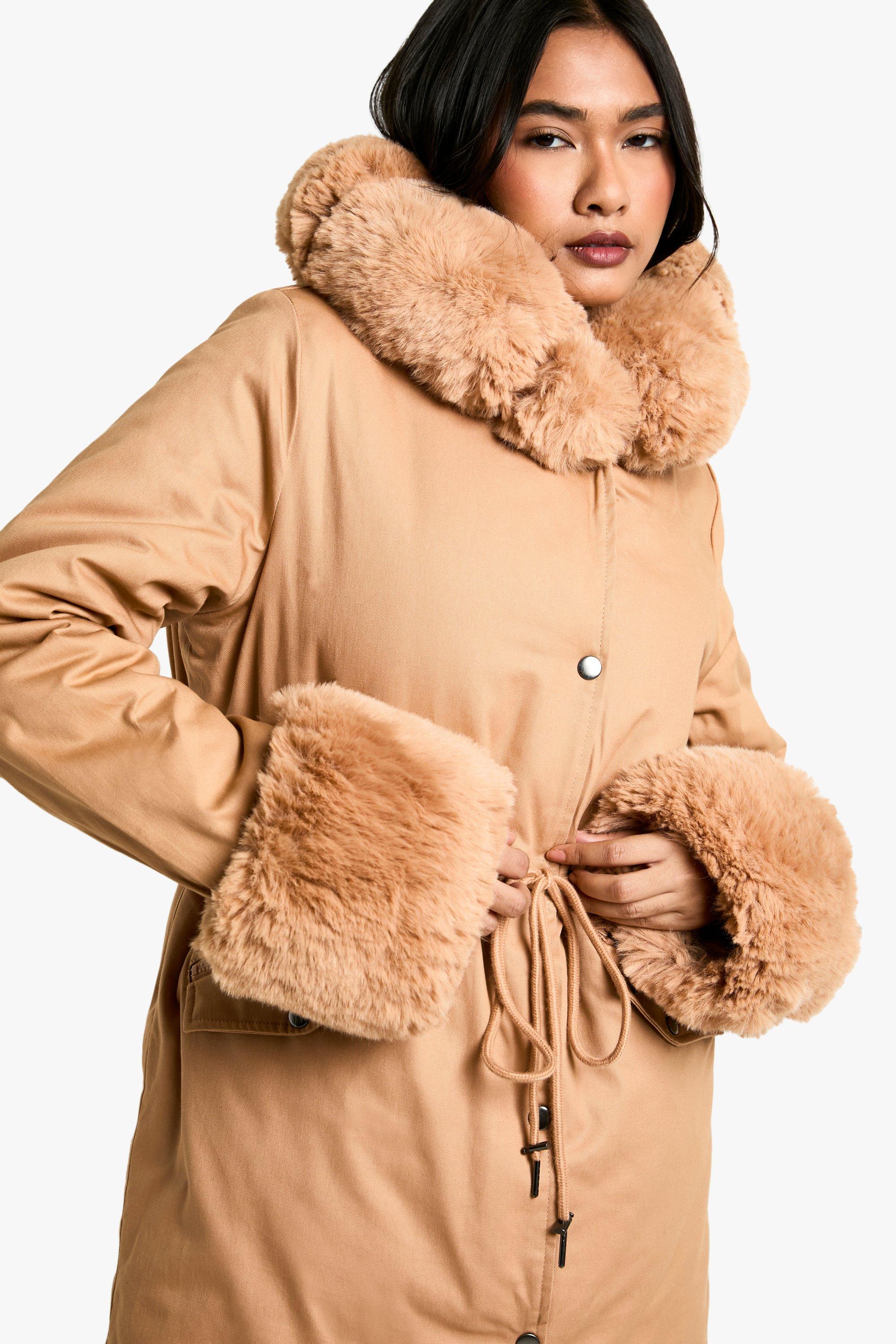 Camel faux hotsell fur trim coat