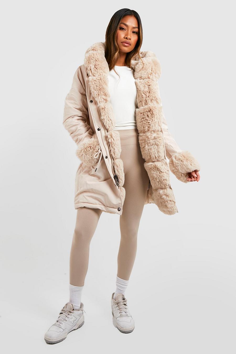 Cream Luxe Faux Fur Trim Collar And Cuff Parka image number 1