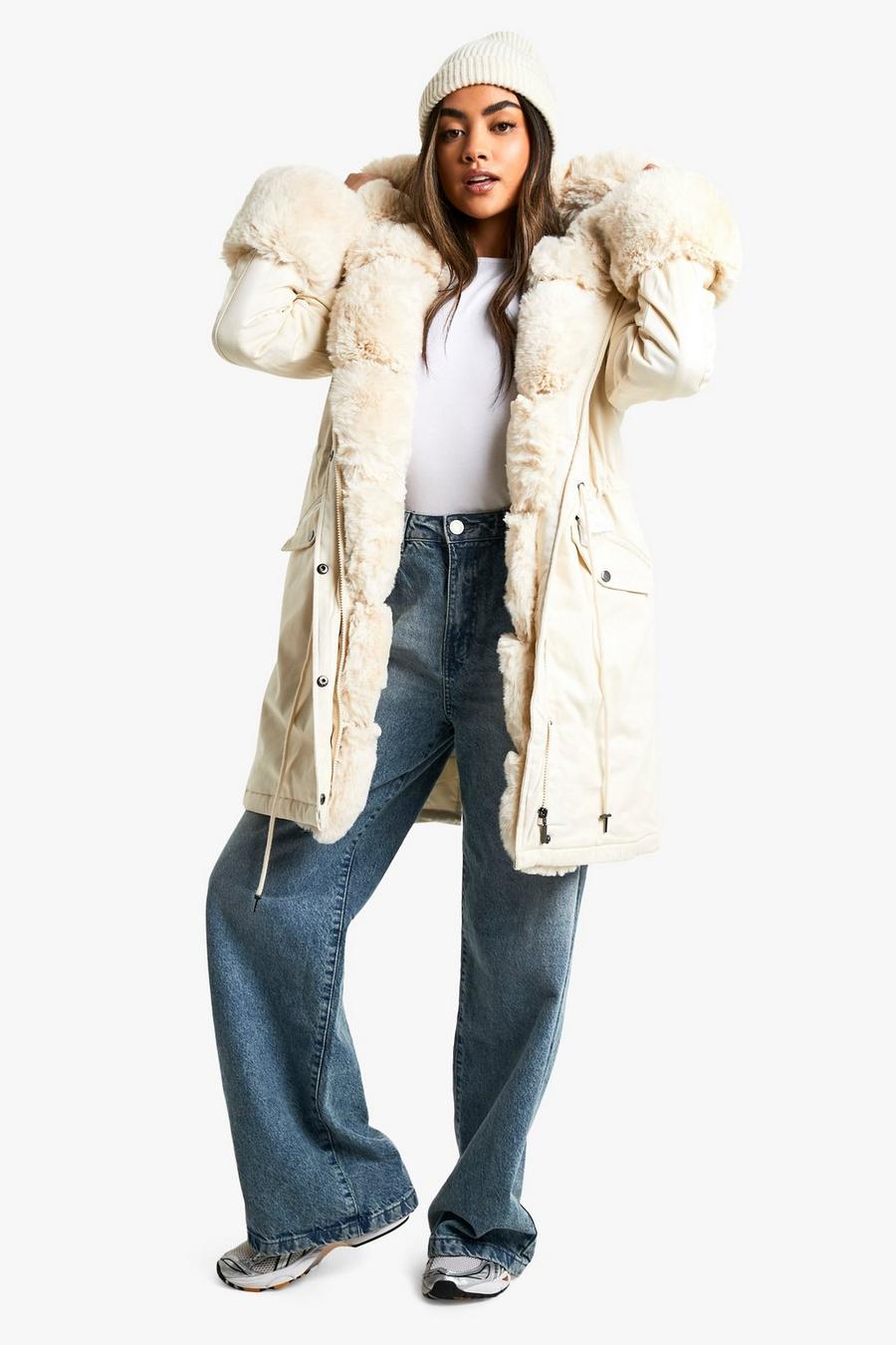 Cream Luxe Parka Jas Met Faux Fur Kraag, Mouwen En Zoom 