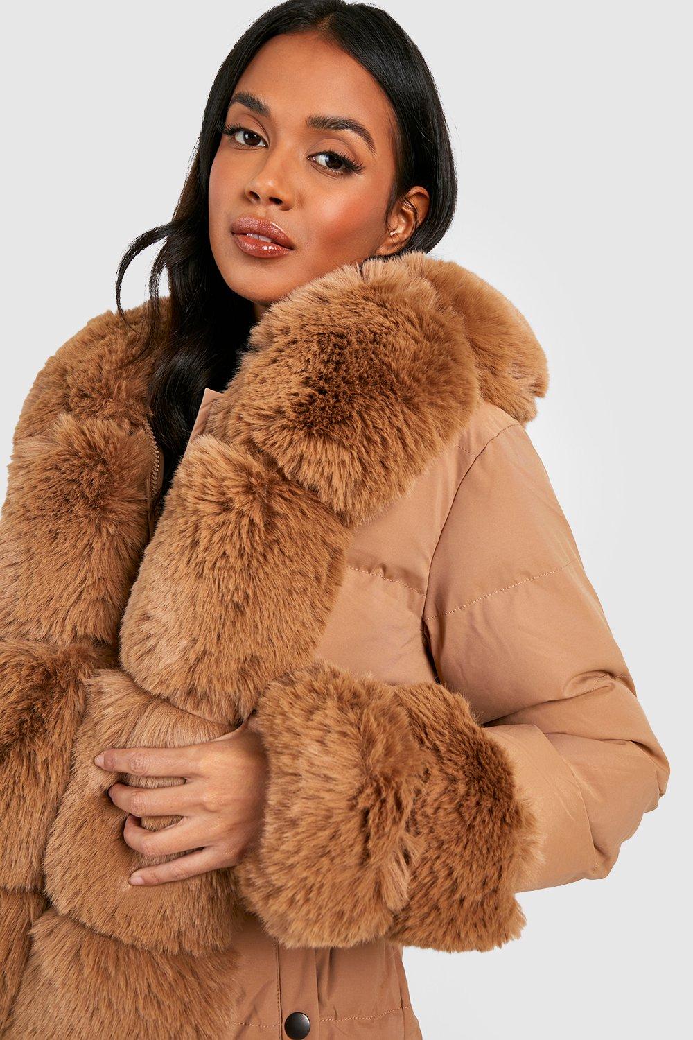 Camel pelted shop faux fur coat