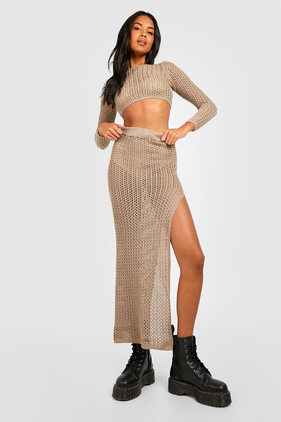 Taupe Side Split Crochet Maxi Co-ord image number 1
