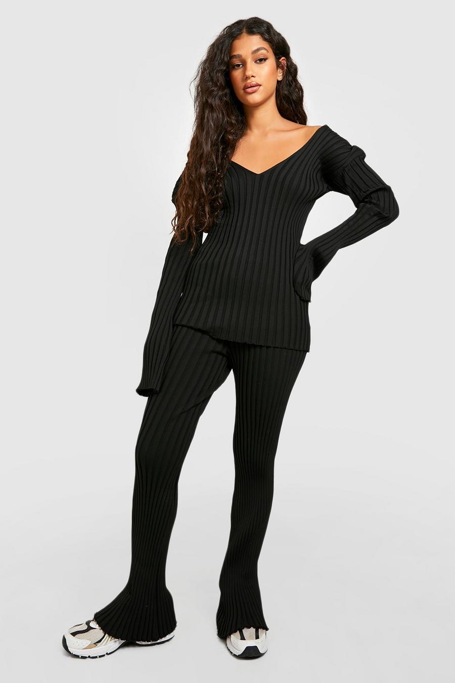 Black Two Tone Plunge Jumper Knitted Set
