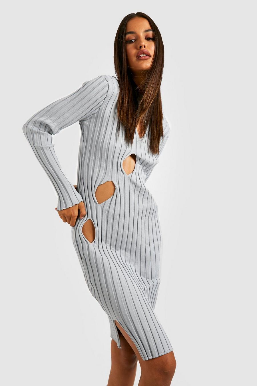 Grey grå Two Tone Cut Out Asymmetric Knitted Dress