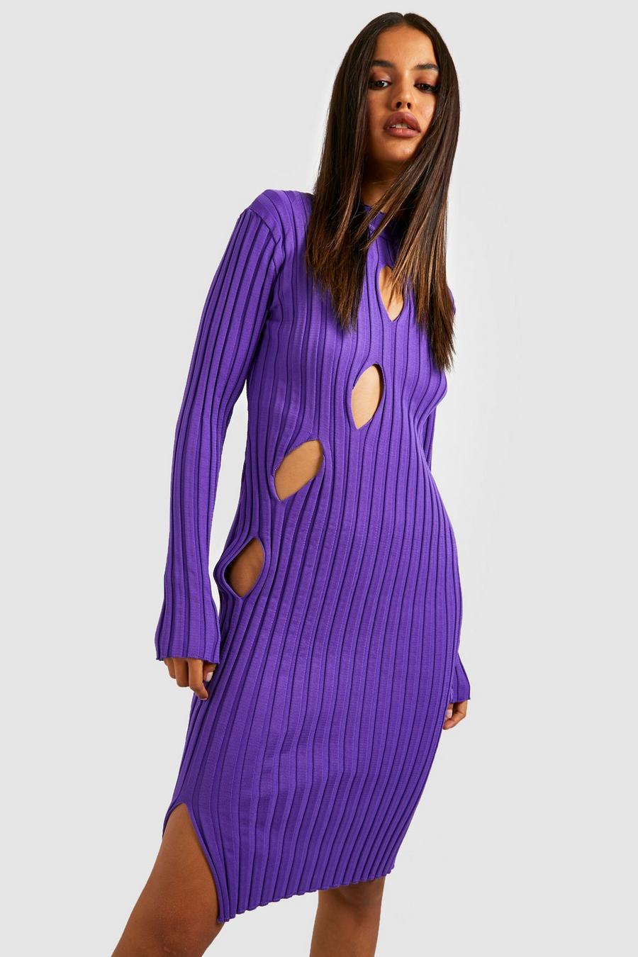 Purple Two Tone Cut Out Asymmetric Knitted Dress