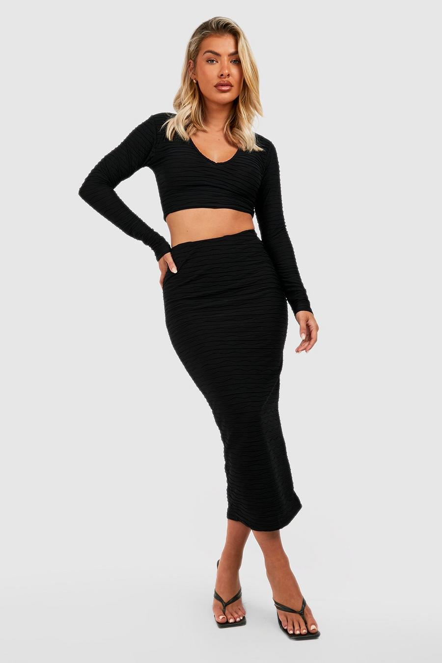Black Ripple Long Sleeve Crop And Midi Skirt image number 1