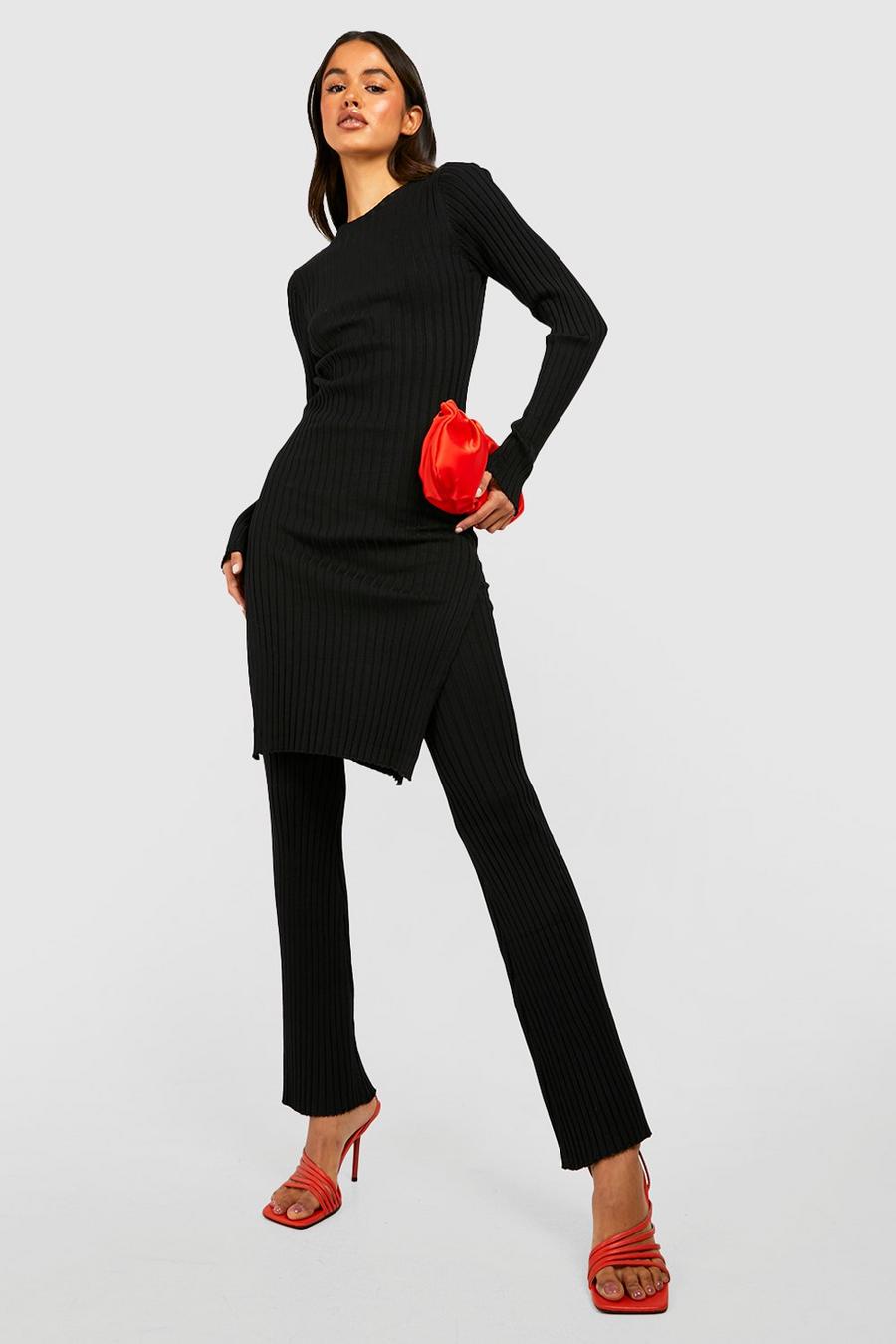 Black Wide Rib Tunic And Flares Knitted Set image number 1