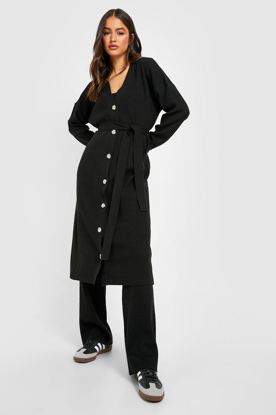 Black Belted Maxi Cardigan Knitted Co-ord image number 1