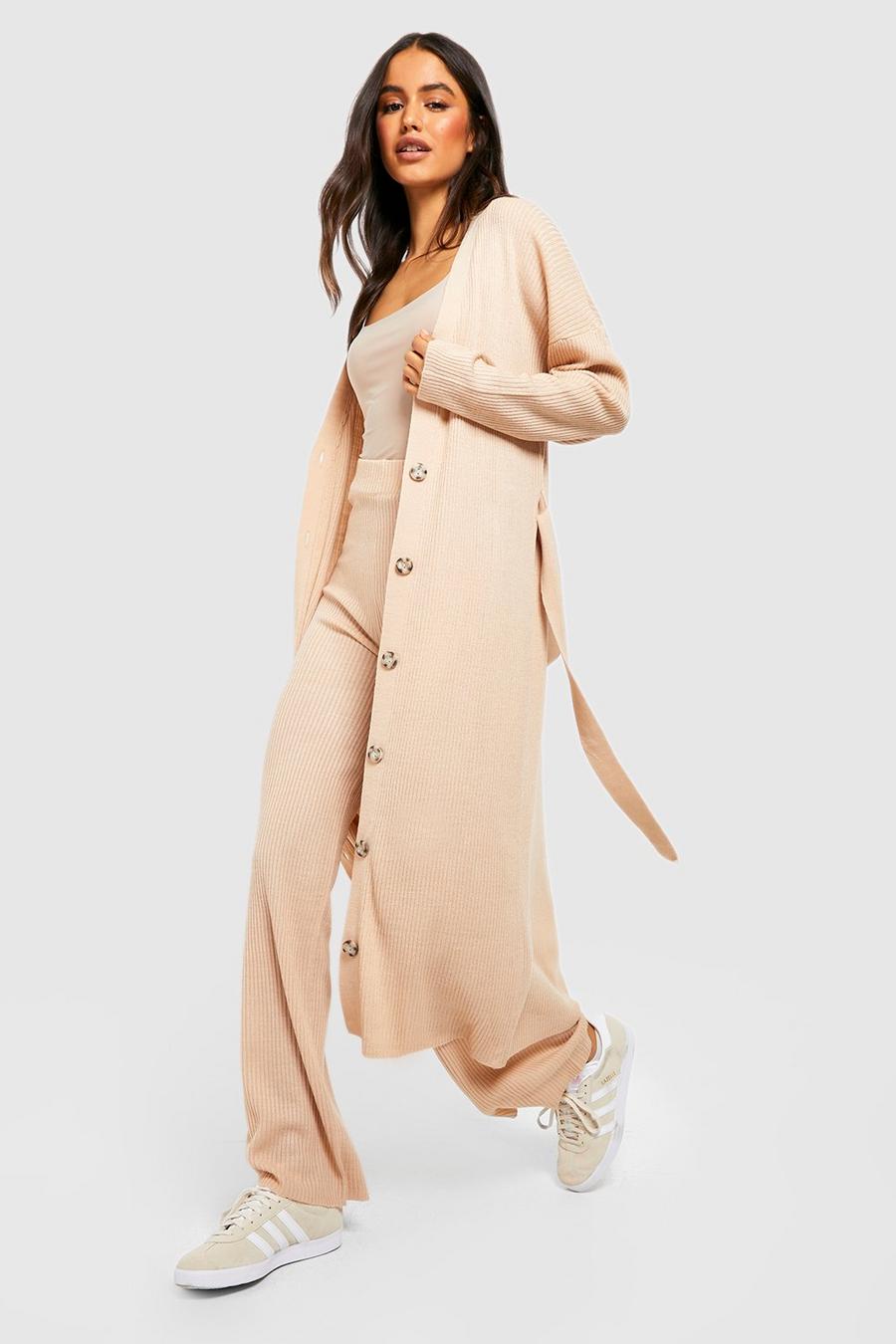 Stone beige Belted Maxi Cardigan Knitted Co-ord image number 1