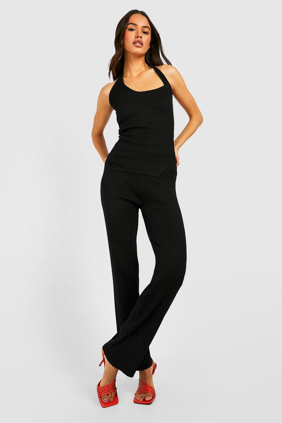 Black Asymmetric Crop And Wide Leg Pants Knit Set image number 1