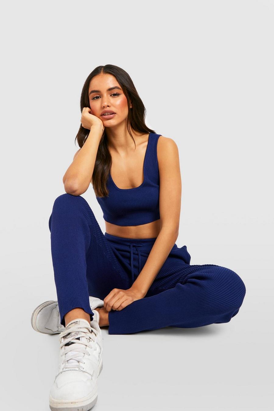 Navy Scoop Bralette And Jogger Knitted Set image number 1