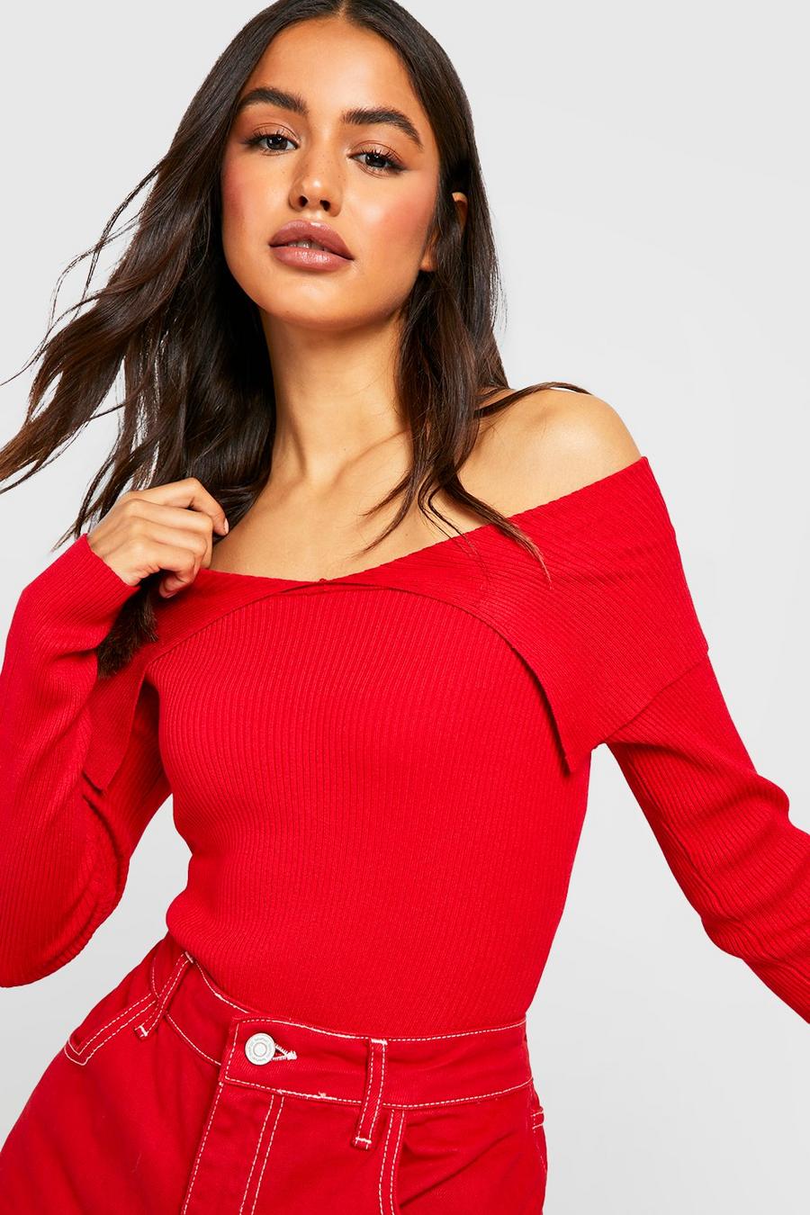 Red Bardot Collared Rib Knitted Bodysuit image number 1