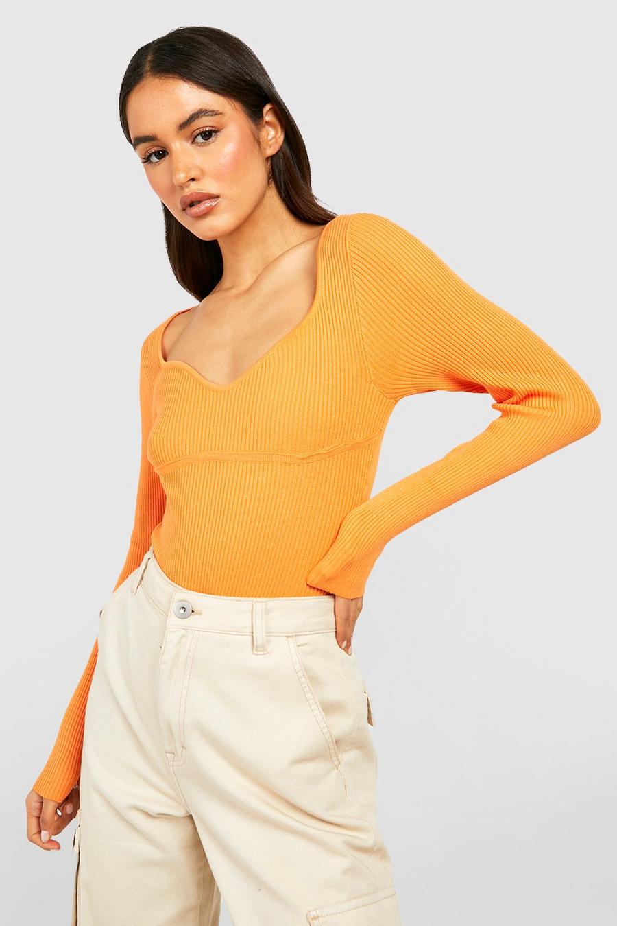 Tangerine Corset Seam Detail Rib Knitted Bodysuit image number 1