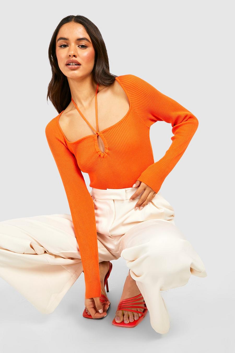 Orange Halterneck Rib Knit Bodysuit