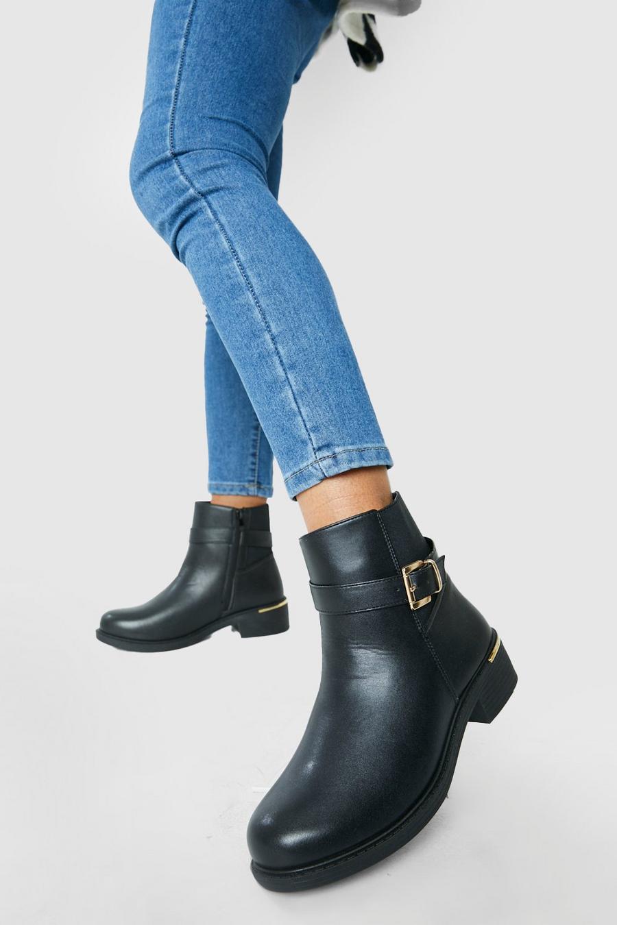 Black Wide Fit Buckle Detail Chelsea Boots