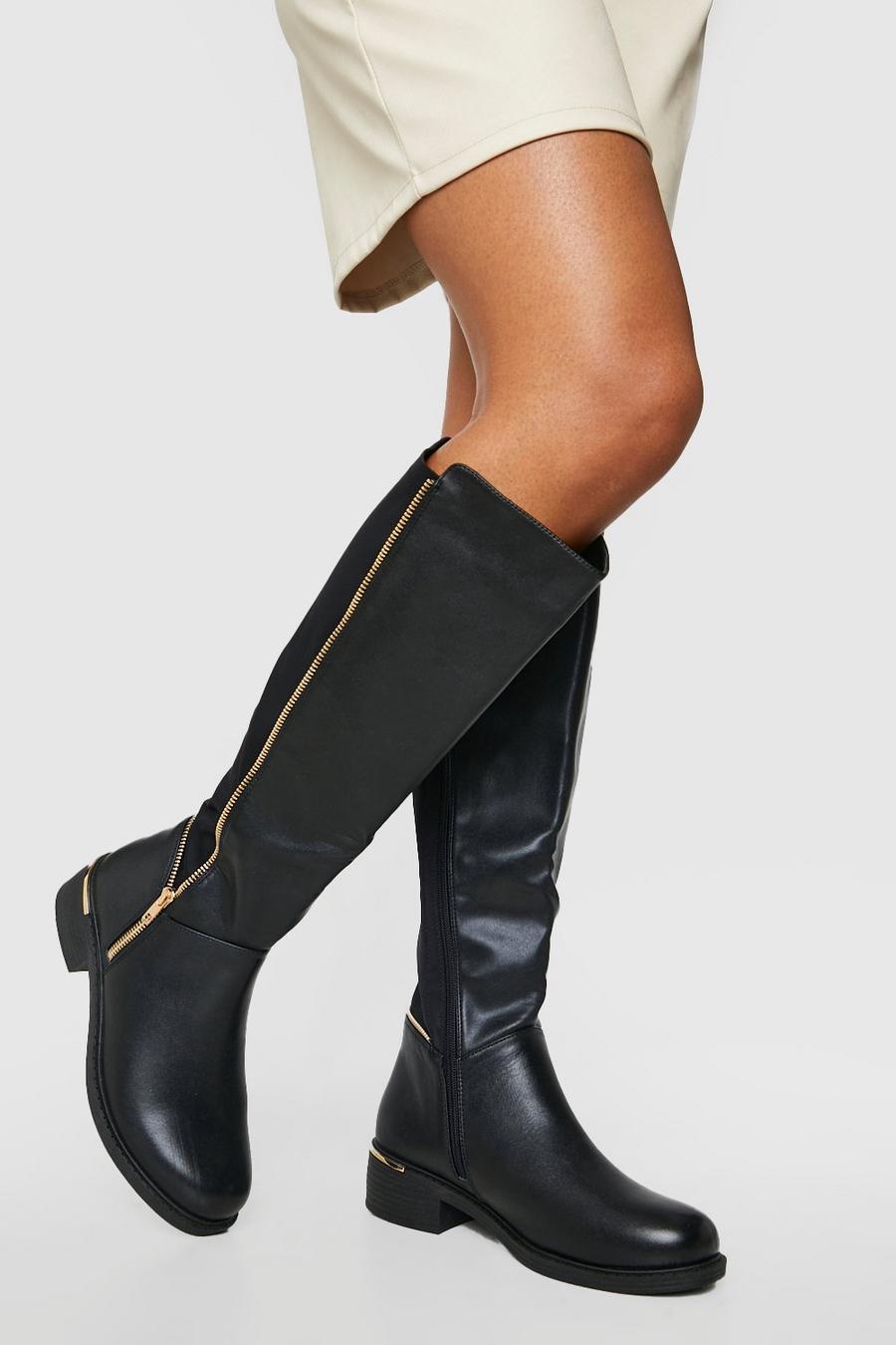 Black Wide Fit Knee High Side Zip Pu  Boots