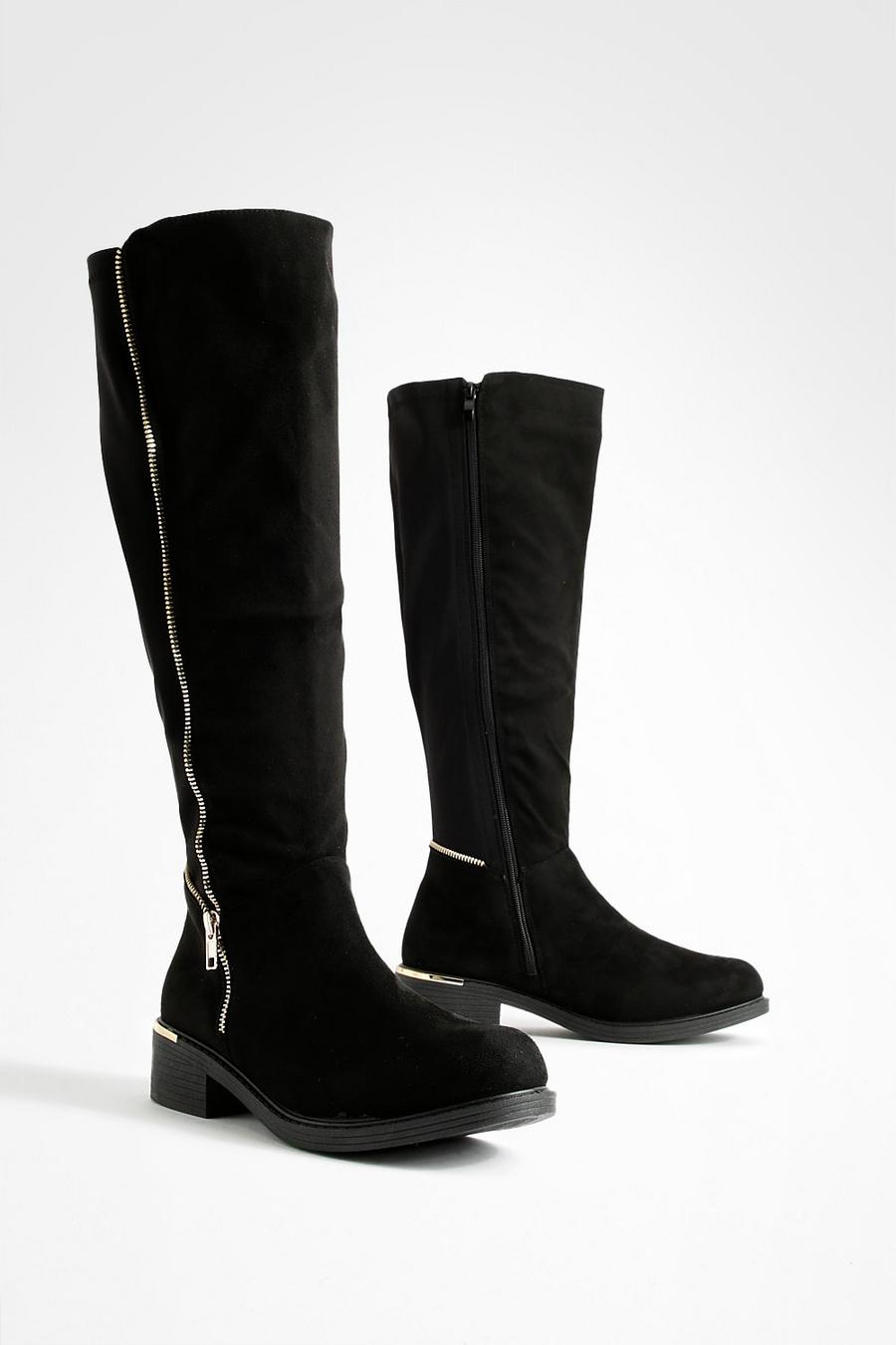 Black svart Wide Fit Knee High Side Zip Boots