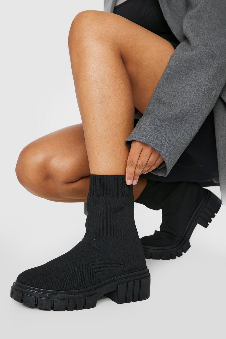 Black Wide Fit Knitted Chunky Sock Boot image number 1