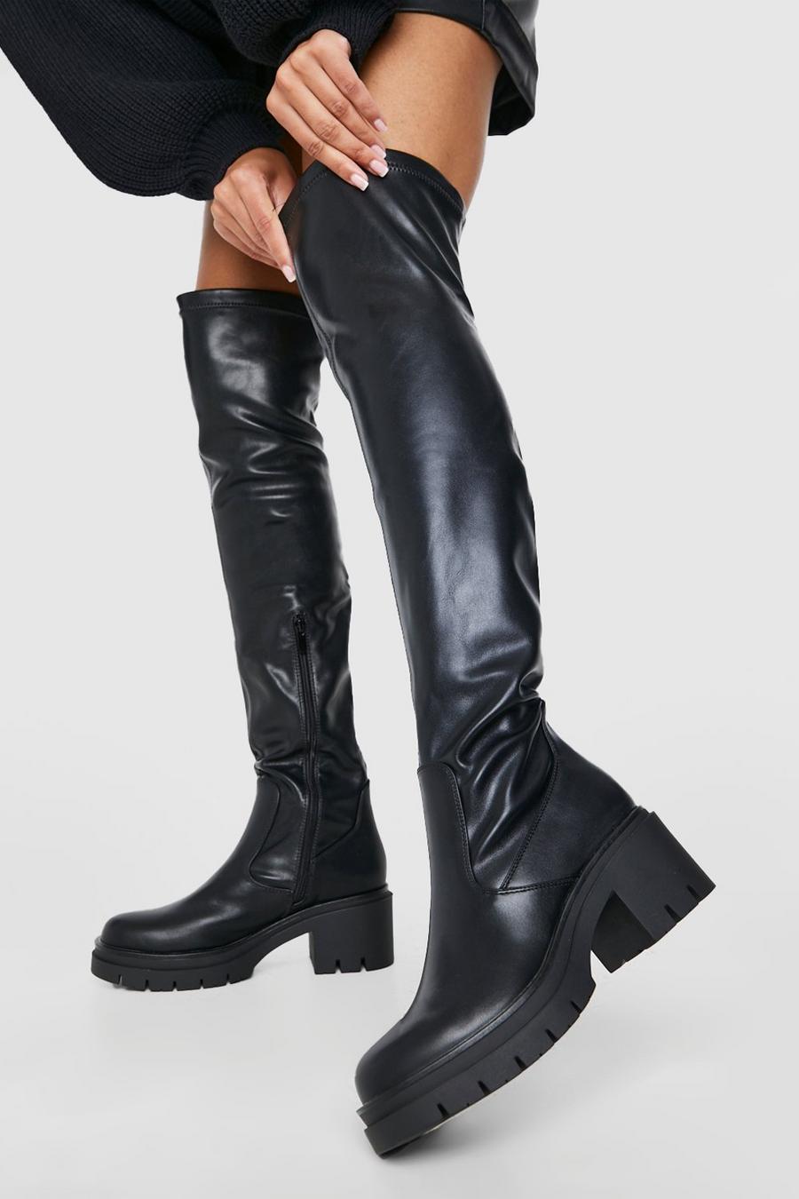 Black svart Wide Fit Cleated Over The Knee Pu Boots image number 1