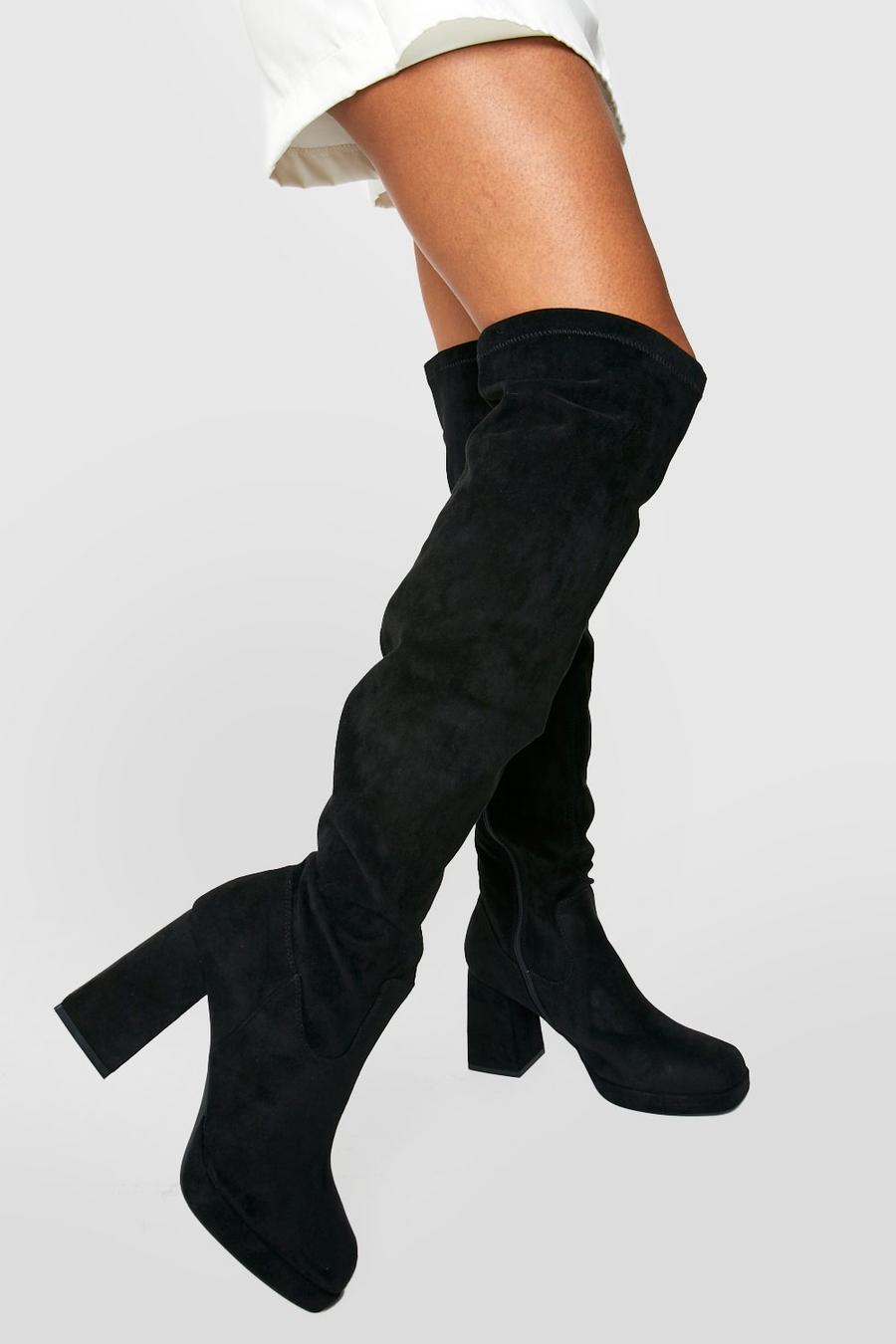 Black Wide Fit Platform Heel Over The Knee Boots image number 1