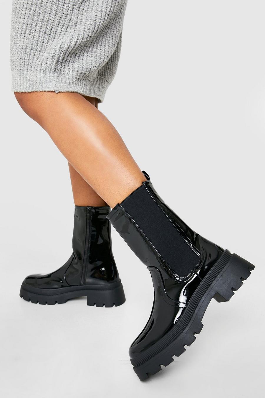 Black Chunky Rand Patent Chelsea Boots