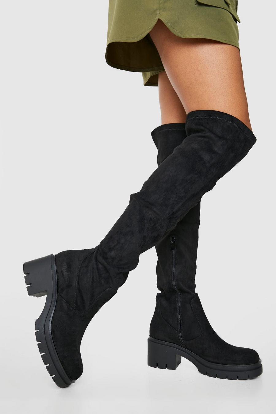 Black noir Block Heel Cleated Over The Knee Boots