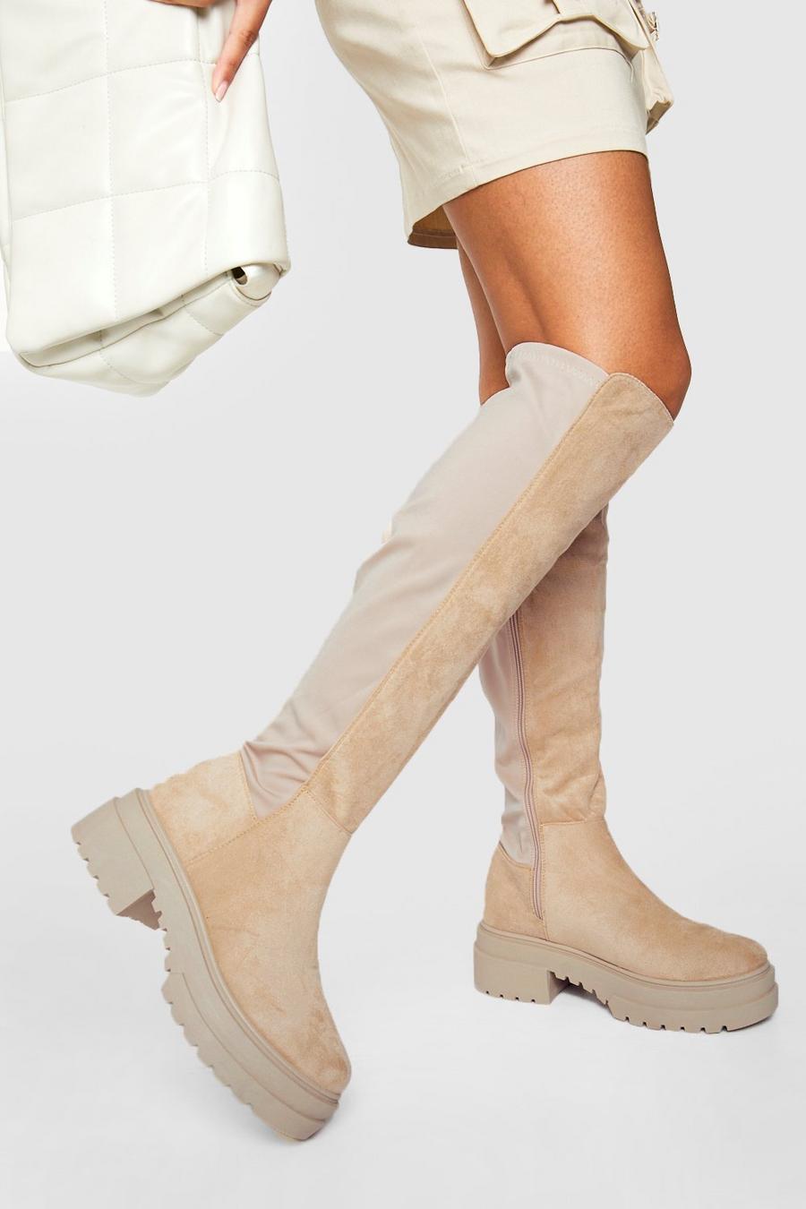 Ecru Chunky Cleated Knee High Stretch Panel Boots image number 1