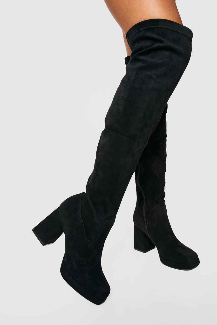 Black svart Platform Block Heel Over The Knee Boots