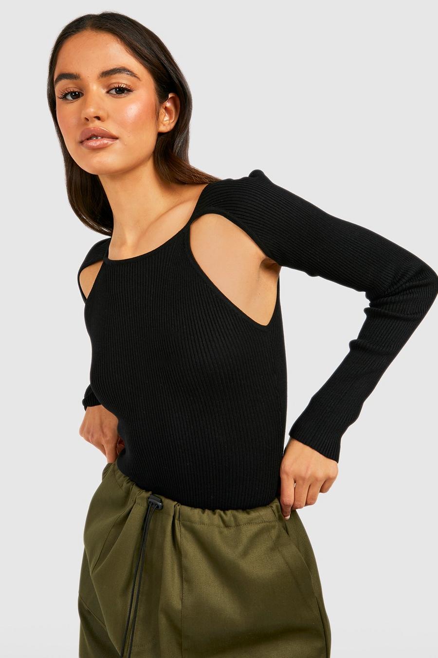 Black Cut Out Sleeve Rib Knitted Bodysuit image number 1