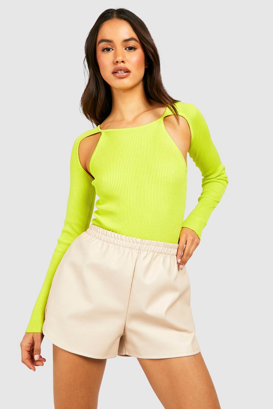 Lime Cut Out Sleeve Rib Knitted Bodysuit image number 1