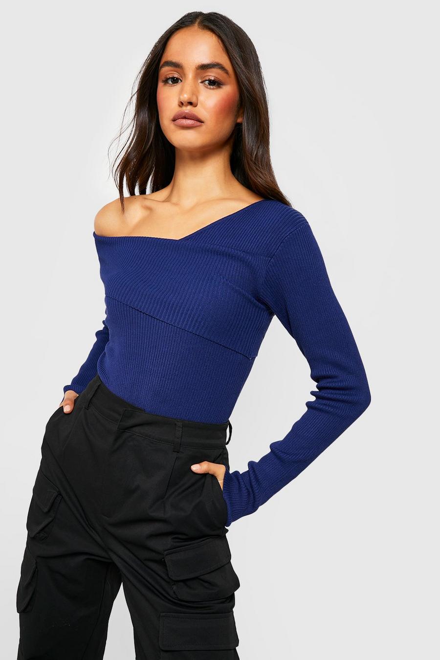 Navy Asymmetric Off The Shoulder Rib Knitted Bodysuit image number 1