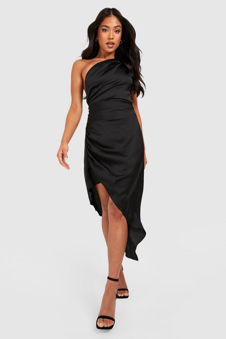 Black Petite Satin Asymmetric Belted Midaxi Dress