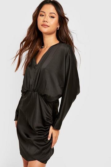 Petite Satin Batwing Mini Dress black