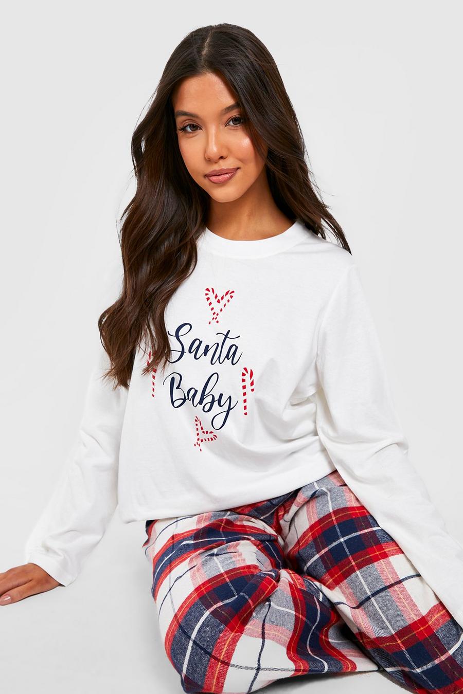 Pijama navideño con pantalón de cuadros y camiseta de manga larga con estampado Santa Baby, White bianco