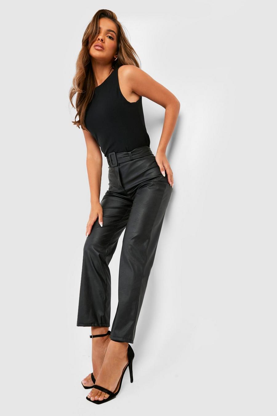 Black Buckle Belted Leather Look Straight Fit Trousers image number 1