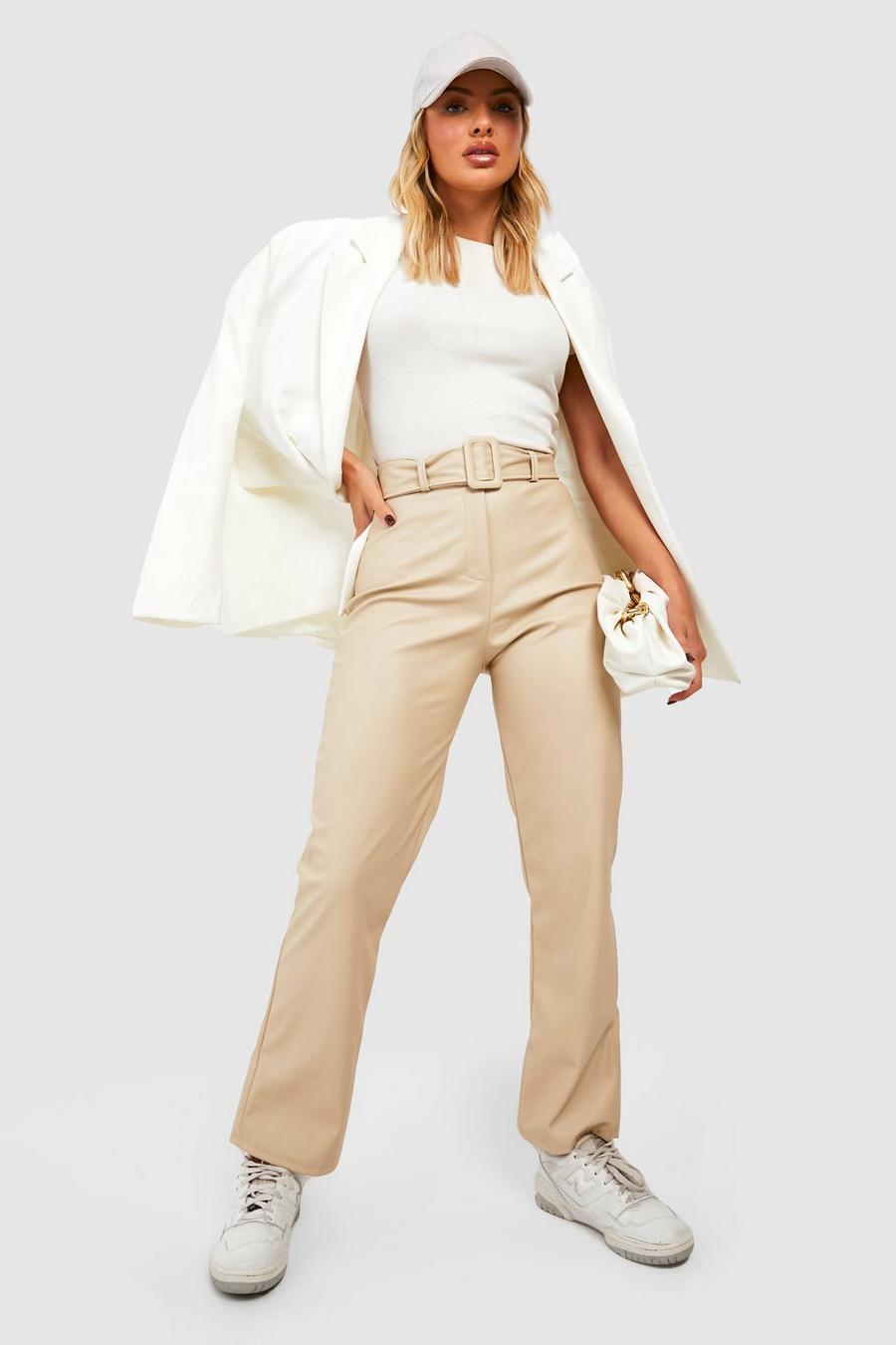 Stone beige Buckle Belted Faux Leather Straight Fit Pants