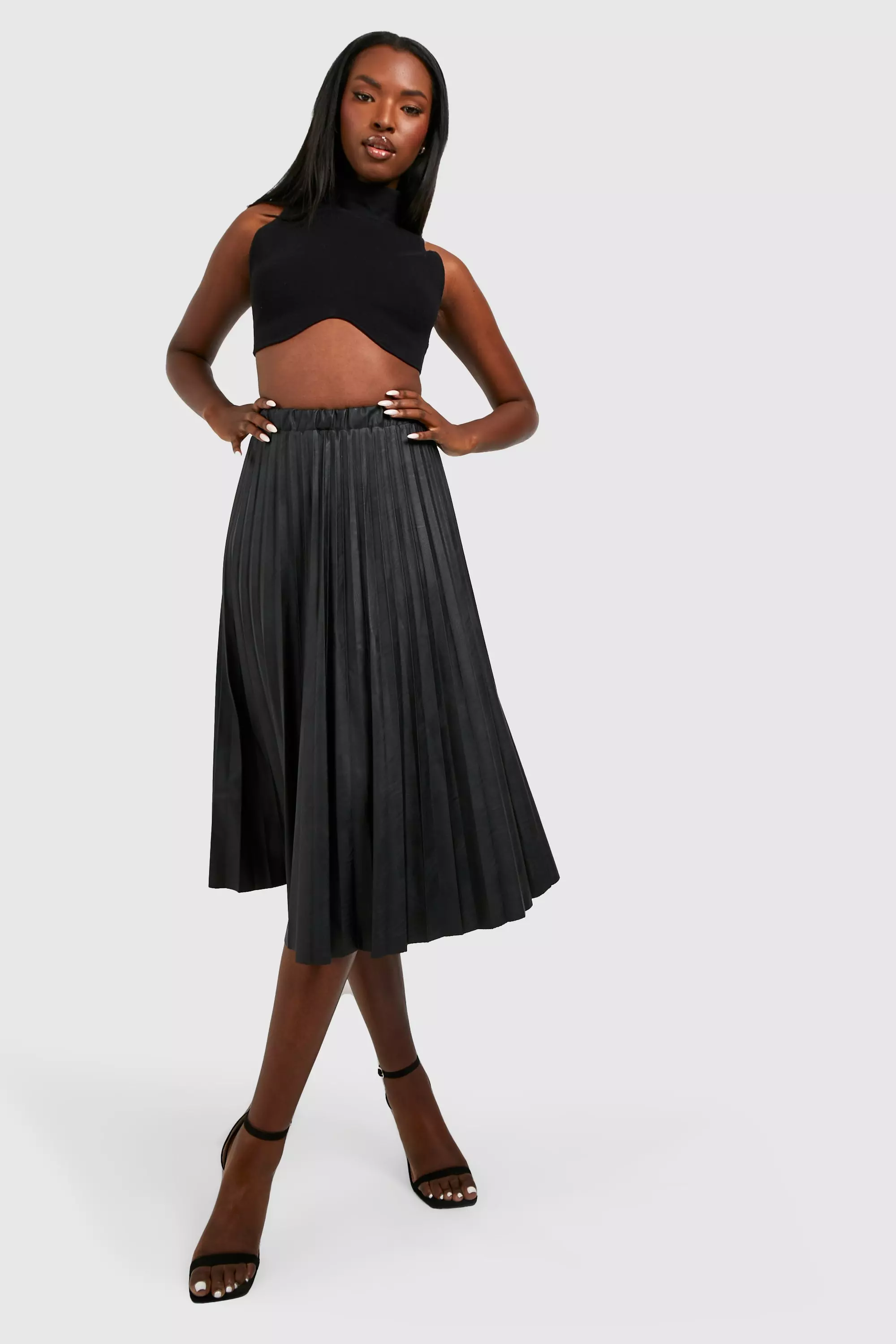 Black leather-look on sale pleated midi skirt