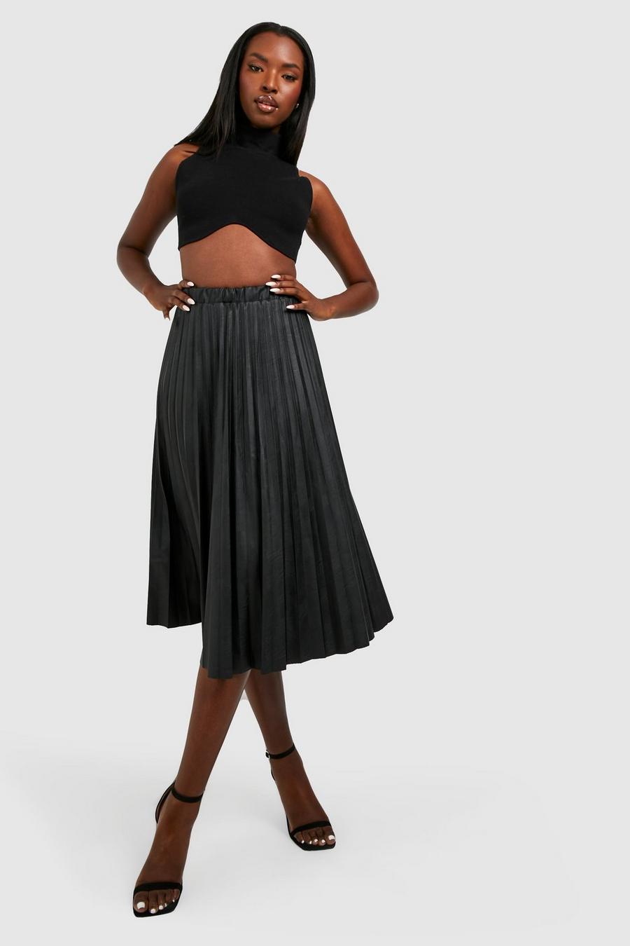 Black Faux Leather Pleated Midi Skirt