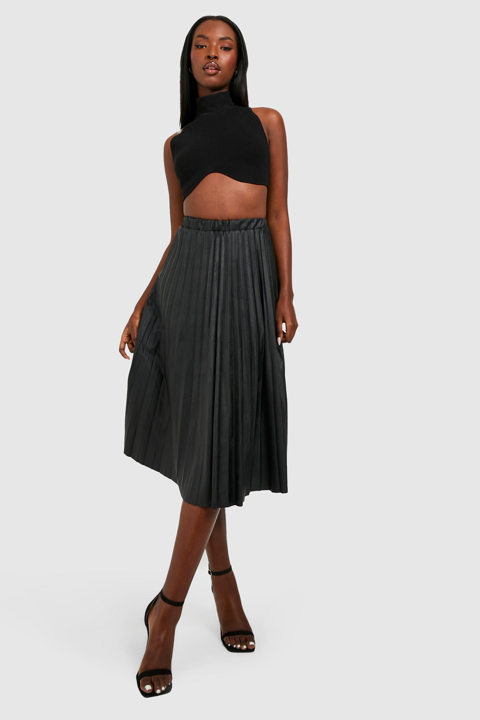 Leather pleated hotsell midi skirt black