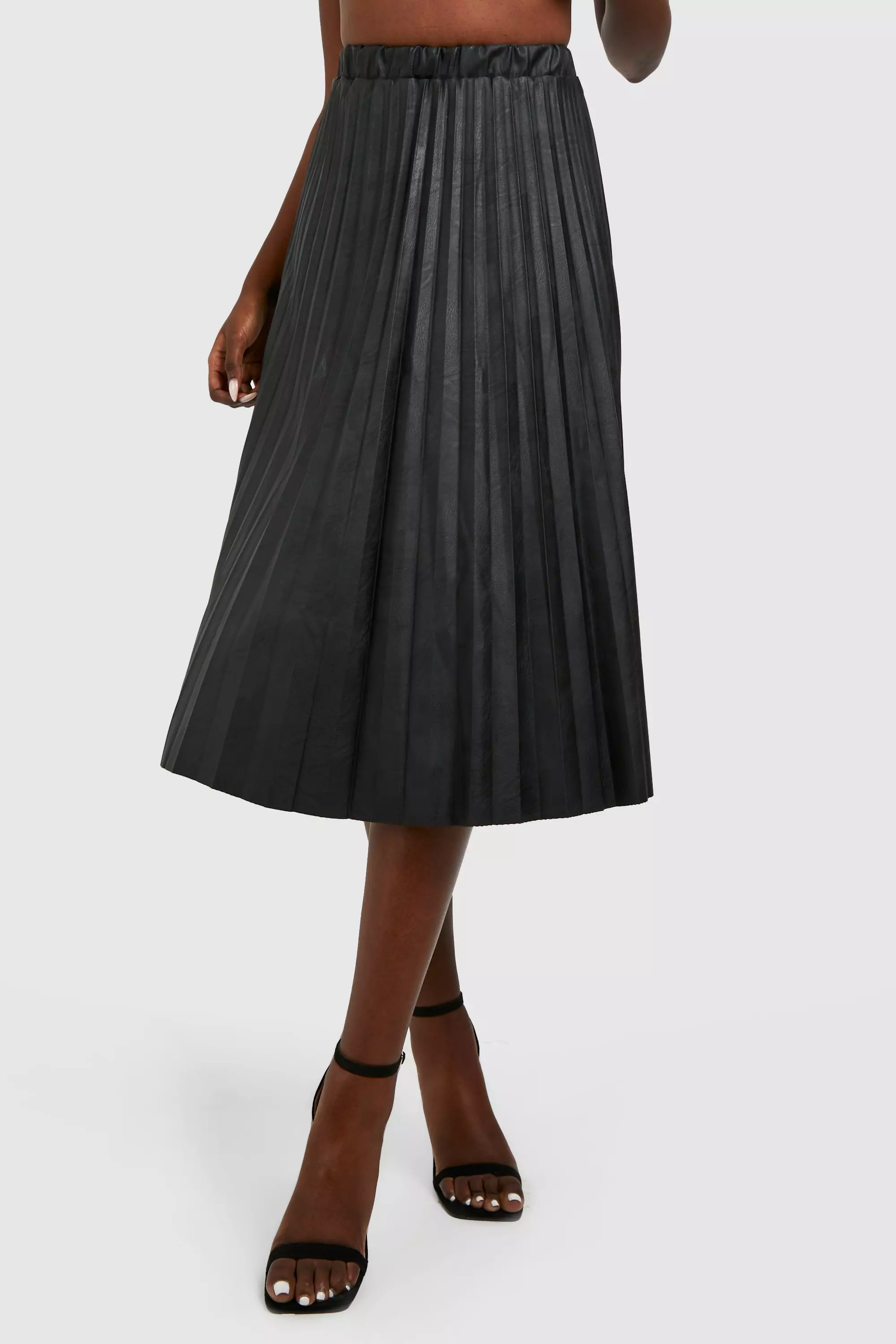 Black leather-look pleated midi skirt best sale