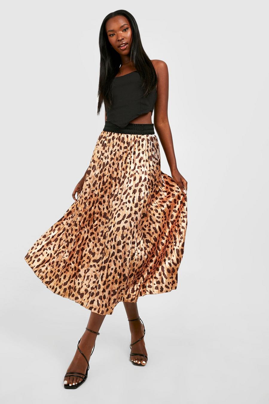 Stone beis Leopard Satin Pleated Midaxi Skirt