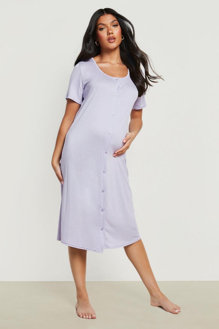 Lilac purple Maternity Midi Button Front Nightgown