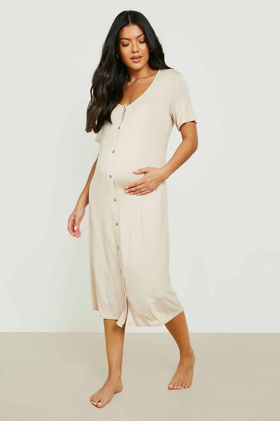 Oatmeal beige Maternity Midi Button Front Nightgown