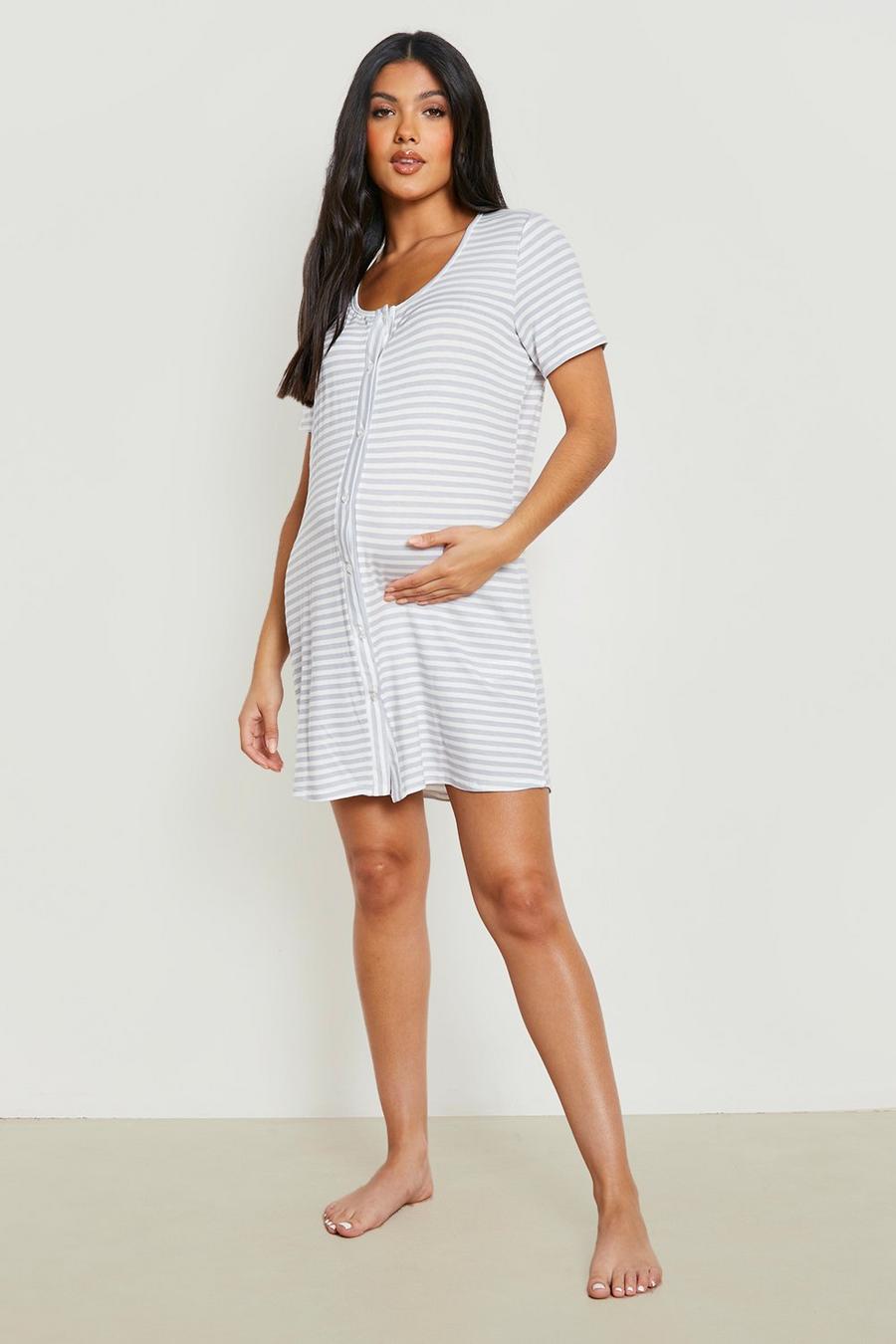 Grey marl Maternity Button Front Tonal Stripe Nightgown image number 1