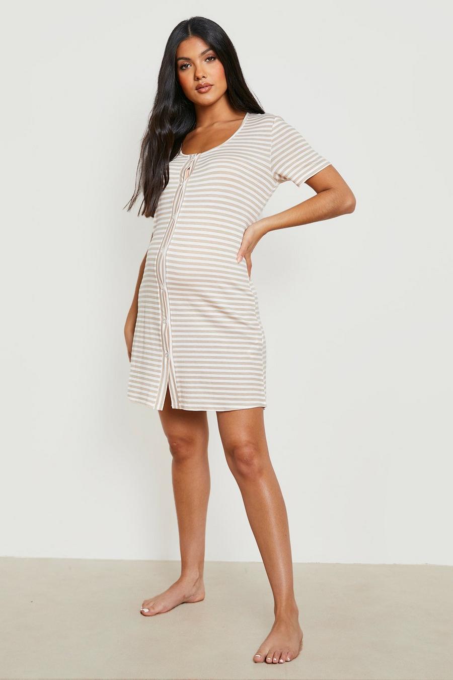 Oatmeal Maternity Button Front Tonal Stripe Nightie image number 1