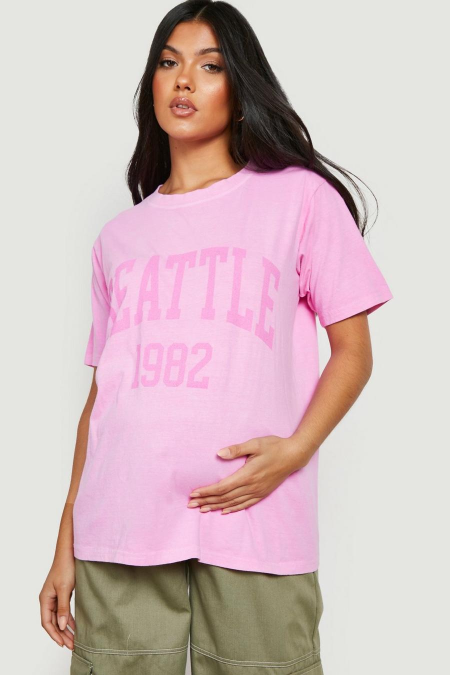 Maternité - T-shirt de grossesse oversize délavé à slogan Seattle, Hot pink rosa