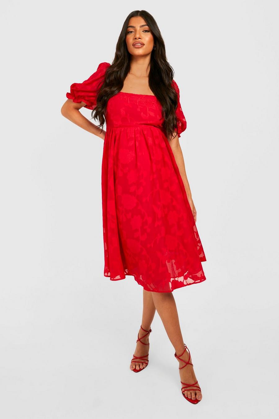 Red Maternity Burnout Floral Puff Sleeve Smock Dress image number 1